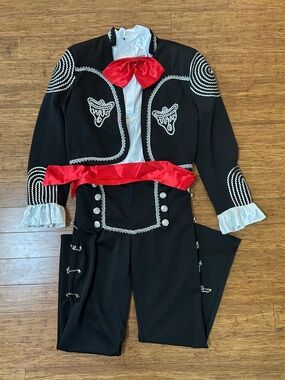 Mariachi Charro Suit Black Silver Embroidered w/ Red Bow Tie – Men’s Costume Set